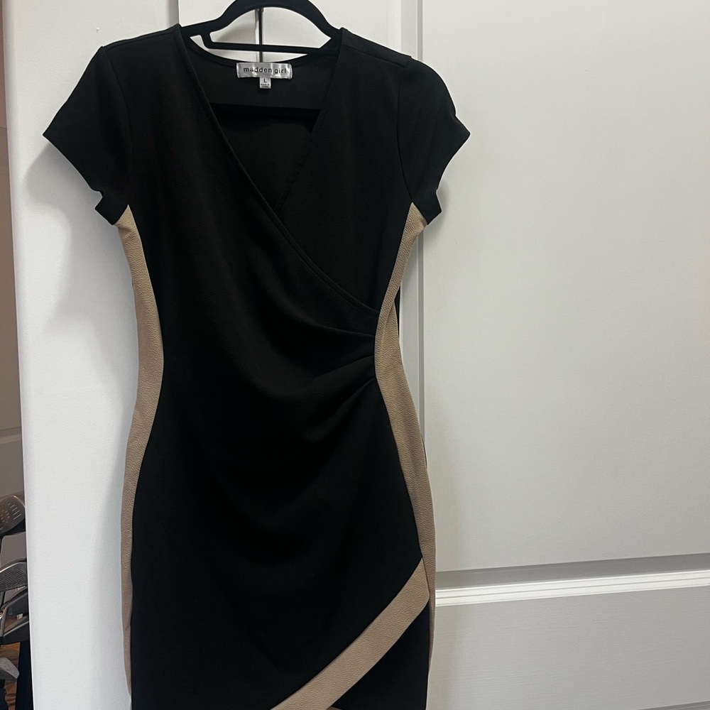 Madden Girl Black and Tan Asymmetrical Bodycon Dress